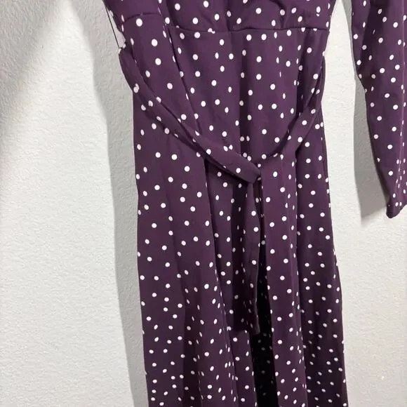 Pact Medium Fit & Flare Faux Wrap Dress Purple Polka Dot Belted Long Sleeves - Picture 6 of 11